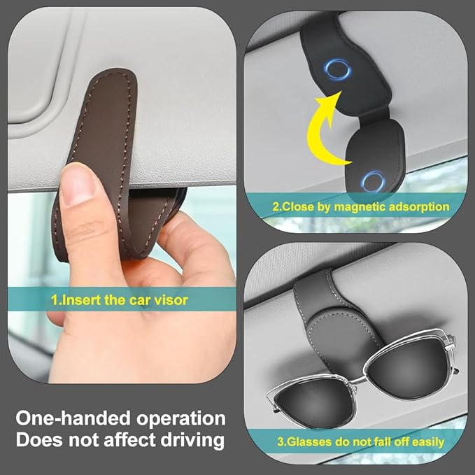 2-Packs Leather Sunglasses Holders for Car Sun Visor, Magnetic Glasses Eyeglass Hanger Clip for Car