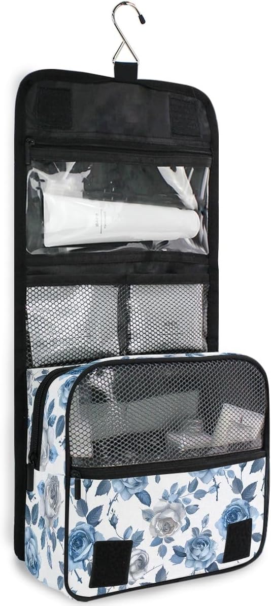 senya Hanging Travel Toiletry Bag Cute Kit Makeup Case Cosmetics Organizer for Men Women (Roses Blue White Pedals)