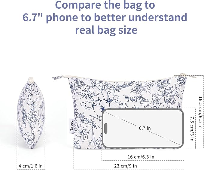 Narwey Small Makeup Bag for Purse Travel Makeup Pouch Cosmetic Bag Zipper Pouch Bags for Women (Navy Blue Flower)