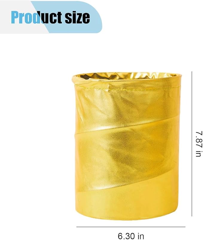 Collapsible Trash Can Car Garbage Bag - Leather Pop-up Car Trash Bin with Elastic Band - Hanging Foldable Garbage Can Vehicle Waste Basket Bin - Double-Layer Washable Bag for Cars Camping (Gold)