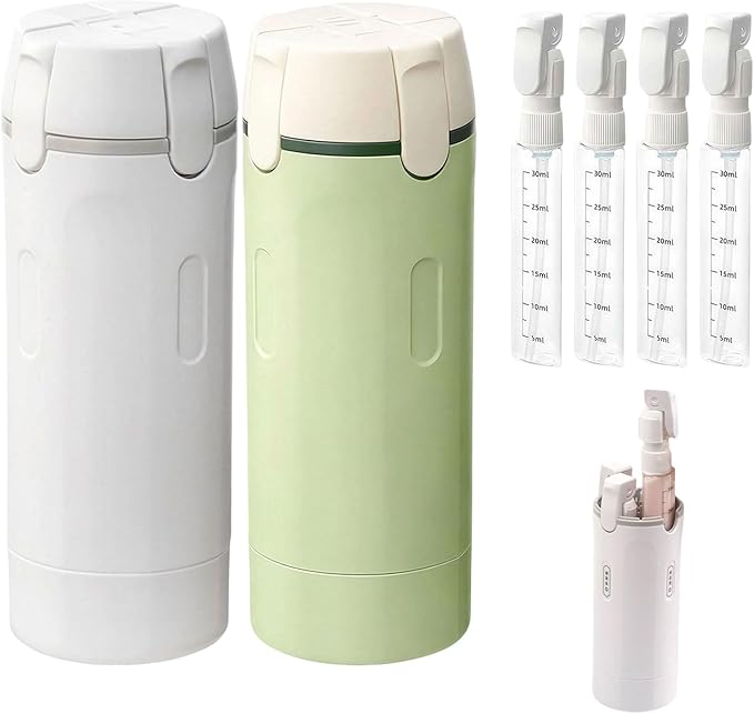 4 in 1 Travel Dispenser Bottles, 2026 New Refillable Travel Toiletries Bottle Set, Leak Proof Portable Size Containers for Shampoo Lotion Conditioner Cream (White+Green)