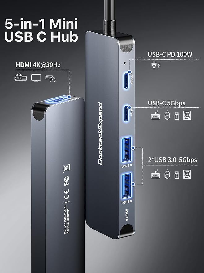 USB-C Hub, DockteckExpand USB-C to USB Adapter (5 in 1) with 4K HDMI, 100W Power Delivery, 5Gbps USB-C Data Port & 2 5Gbps USB-A Data Ports for MacBook Pro/Air, iPad Pro/Air, Dell XPS and More
