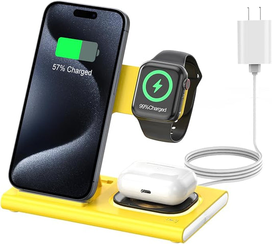 3 in 1 Charging Station for iPhone 17 - Wireless Charger for Apple Products for iPhone 17 16 15 14 13 12 11 Pro Max - Foldable Wireless Charging Station Dock Stand for iWatch Series & AirPods(Yellow)