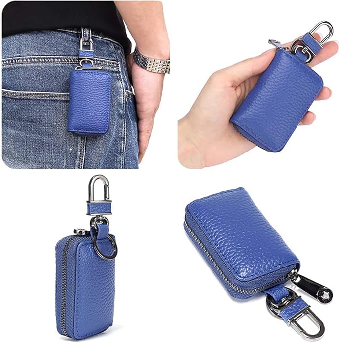 Leather Key Case Holder Auto Key Chain Protector Cover Zipper Bag Remote Fob for Car
