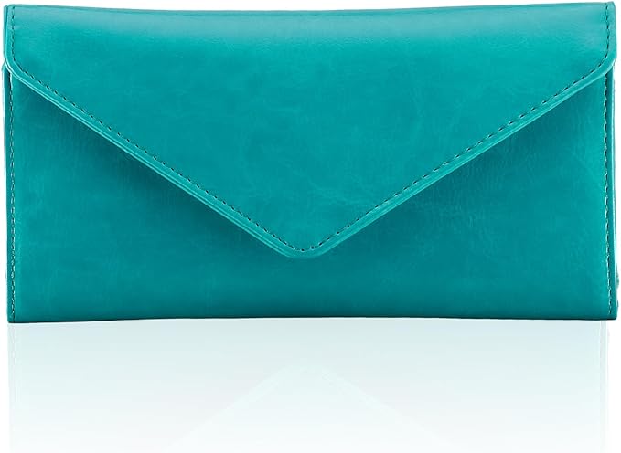 Card Wallet RFID Blocking Envelope Style Tri-fold Checkbook Clutch Slim Vegan Leather 2 ID Windows with Coin Pocket, Green