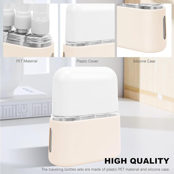Skycase Travel Bottles - Leak Proof Refillable Tsa Approved Travel Size Toiletries, 4 in 1 Liquid Bottles Containers with Labels and Funnel Airplane Accessories Kits for Lotion Liquid (White)