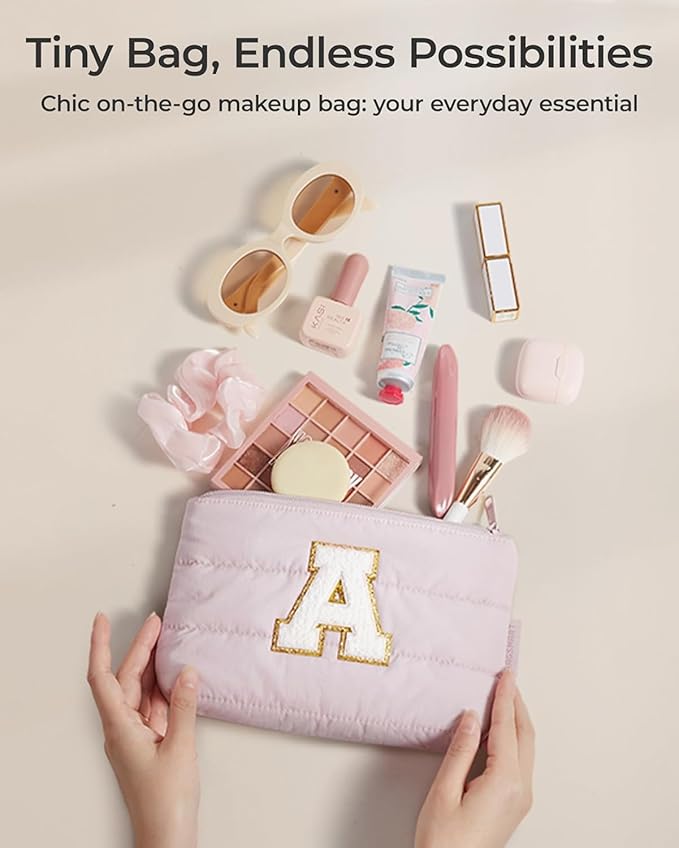 BAGSMART Personalized Makeup Bag with Initial, Pink Small Cosmetic Travel Organizer, Water-Resistant Pouch for Women & Teens for Bridesmaid Graduation (Initial-M, Small)