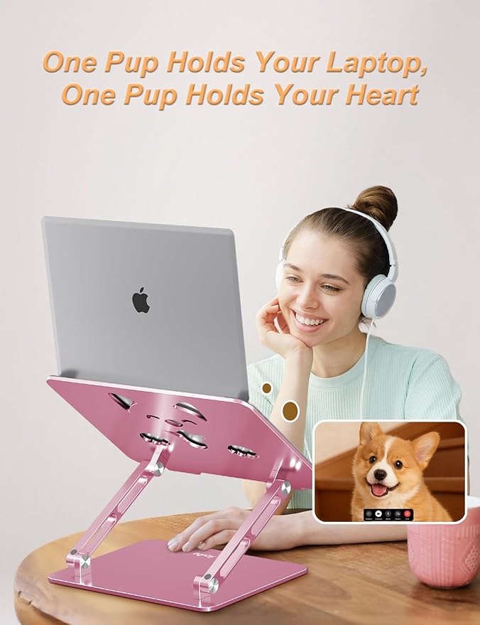 Laptop Stand for Desk-Adjustable, Foldable, Portable, Ergonomic Aluminum Notebook Riser with Unique Puppy Cooling Vent, Desk Gift for 10-17.3" Devices Mac, Dell, HP, Lenovo, Samsung, Rose Gold