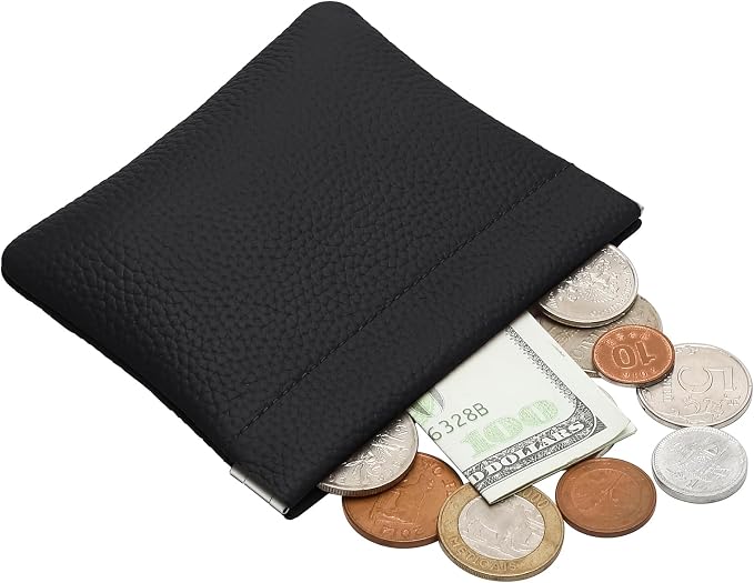 Genuine Leather Squeeze Coin Purse Pouch Change Holder For Men & Women Mini Change Purse Pouch for Pocket, Small Pouch Credit Card Key Headset Lipstick Holder (Black)