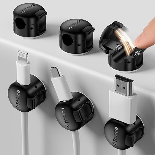 6 Pack Spring Cable Clips,Cord Organizer with Clasp Lock Desk Cable Management Cord Holder Adhesive Phone Charger Cord Clips for Home Office Car Wall Nightstand Accessories Black