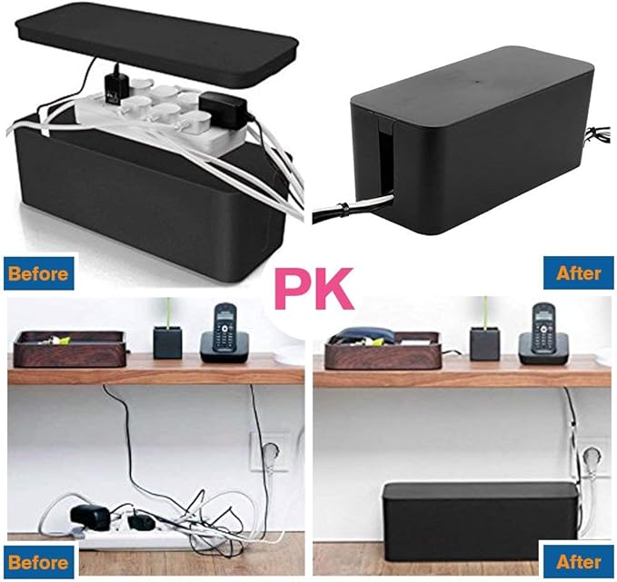Cable Management Box Organizer, Pack of 2 Wire Concealer to Cover Hide Surge Protector & Power Strip on Desk Floor, with 5 Cord Fastening Tapes for Office, Home, Kitchen (Luxury Black)