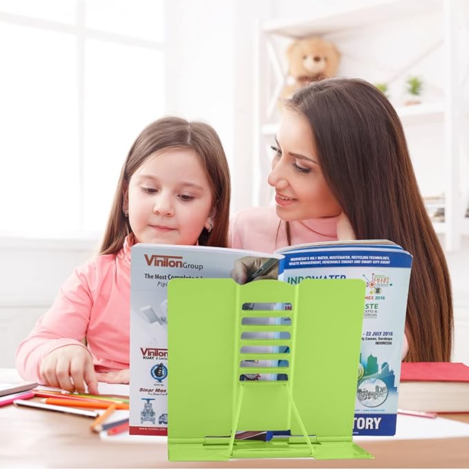 Honagu Metal Desk Book Holder, Hands Free Adjustable Cookbook & Document Holder, Portable Bookstand for Music Books, Textbooks, Recipes, Tablets & iPads (Green)