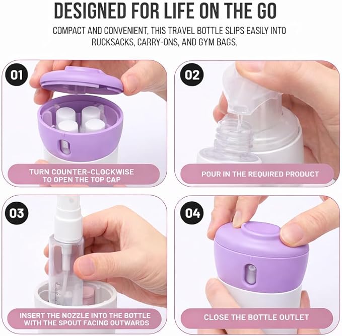 Travigo 4-in-1 Travel Dispenser Bottle, TSA Approved, Leak Proof, Four Reusable 1.4 oz. (40 mL) Toiletry Containers for Shampoo, Conditioner, Soap, Lotion, Skincare (Purple)