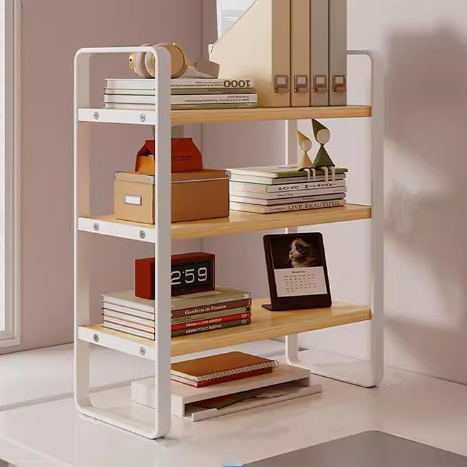 Gtzly 3 Tier Desktop Bookshelf Metal Frame Wood Board Rack Shelves Plant Stand for Kids Stationery Organizer Living Room Storage Office Display(Natural,30 * 20 * 60cm)
