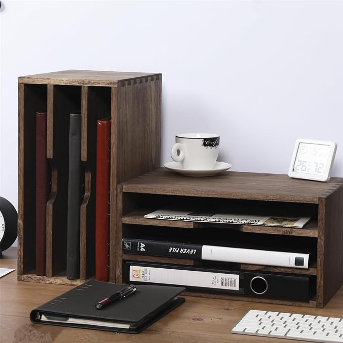 DDYURI 3-Tier Paper Storage Letter Tray File Sorter - Wood Desktop Document Organizer Holders with Mail Sorter, School & Home Magazine File Dividers for Office Accessories Dark(SJ3K-DK)