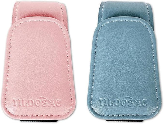TILDOSAC 2 Pack Sunglasses Holder for Car Visor, Leather Magnetic Sunglass Holder for Car with Clip (Blue+Pink)