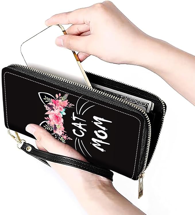Women's Large Capacity Wallet PU Leather Zip Around Clutch Purse Multifunctional Wallet with Removable Wristlet Strap for Smart Phone/Coin/Card/Cash, Floral Cat Mom