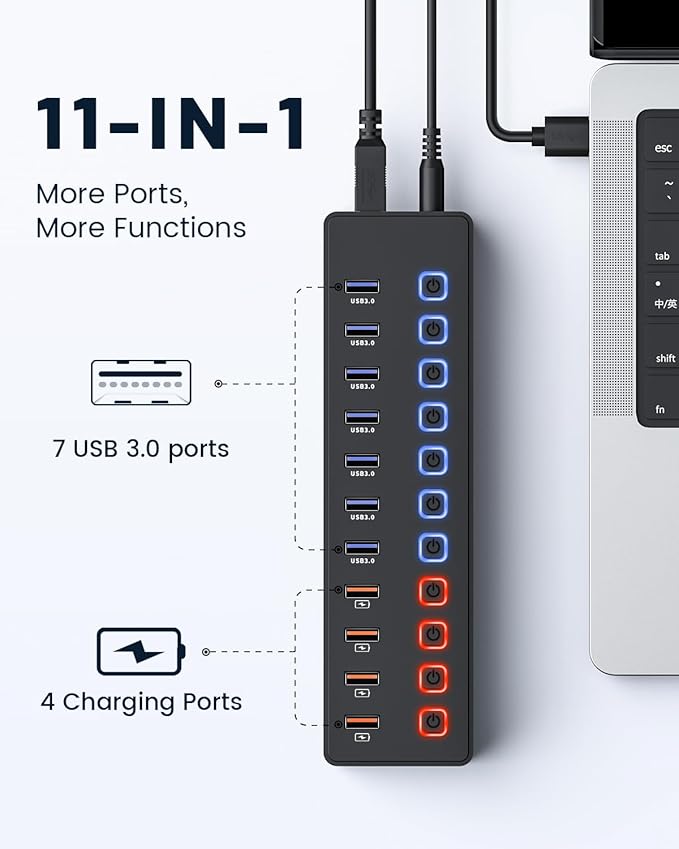 Powered USB hub,USB hub，11-Port hub Splitter (7 USB 3.0 Data Transfer Ports + 4 Smart Charging Port), Independent Switch (with LED Working Indicator) USB 3.0 Hub Powered with Power Adapter for Mac/PC