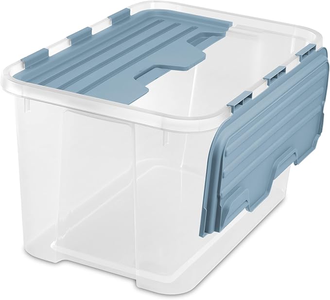 Sterilite 12 Pack Hinged Lid Storage Box, 60 Qt Plastic Container, Washed Blue - Home Organizer Tote for Storing Shoes, Crafts, Clothing, or Decor