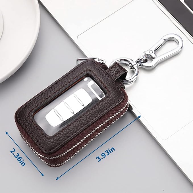BELOMI Car Key Fob Case, Genuine Leather Remote Keychain Bag with Lanyard and Zipper Closure, Key Protection Cover for Men Women (Coffee)