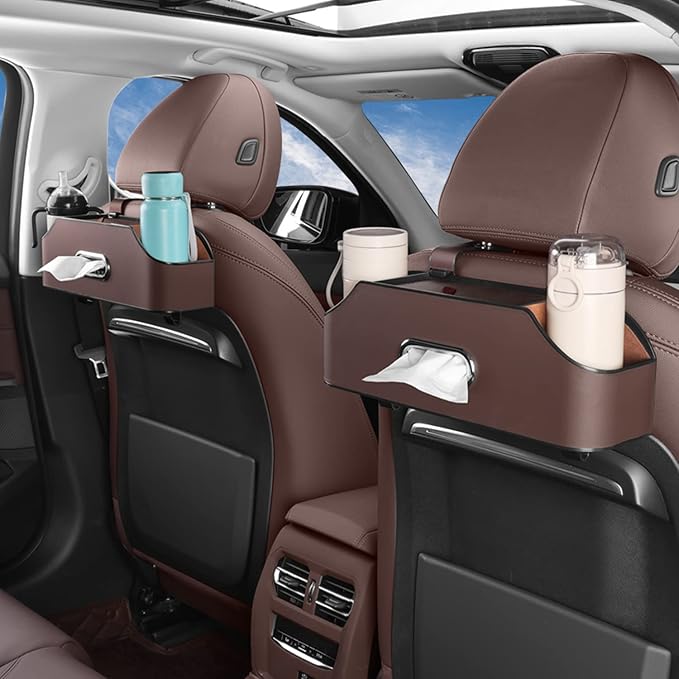 Car Seat Back Organizer - Stylish & Functional Storage for Family Adventures - Cup Holders, Tissue Box & Hooks - Perfect for Kids, Road Trips & Travel (Brown)