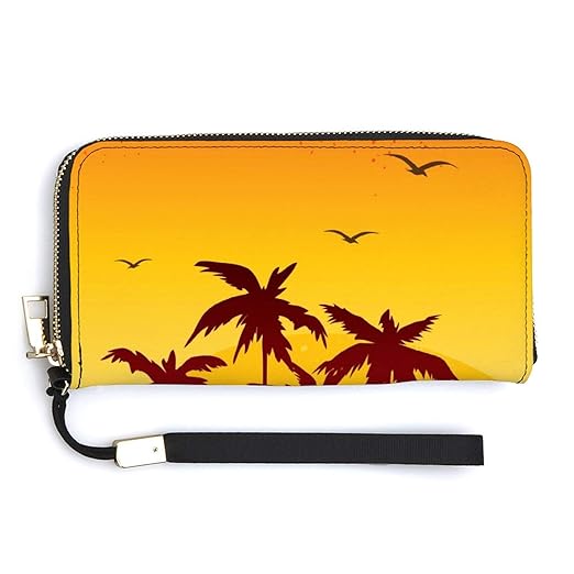 Clutch Wallet Holder for Women Men Bird Palm Sunset Portable Accordion Zipper Credit Card Storage Bag Waterproof Purse Leather Wallet for Travel Work Shopping