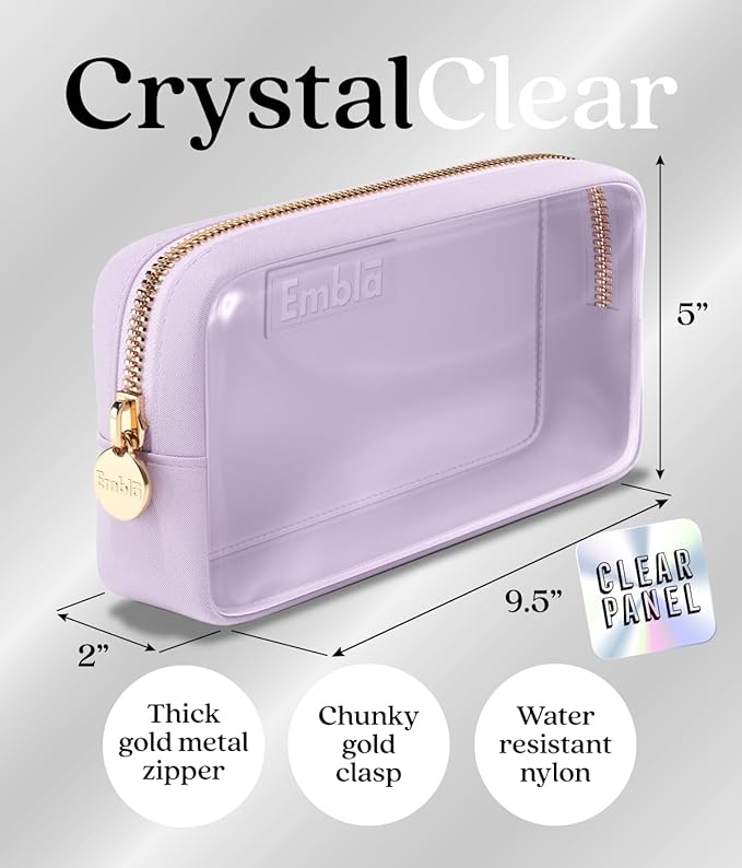 Embla Medium Clear Makeup Bag Travel for Toiletries Cute Make Up Nylon Organizer Pouches Quart Size Cosmetic Bags for Women Girls Zipper Toiletry Skincare Pouch Organizer for Purse Lavender