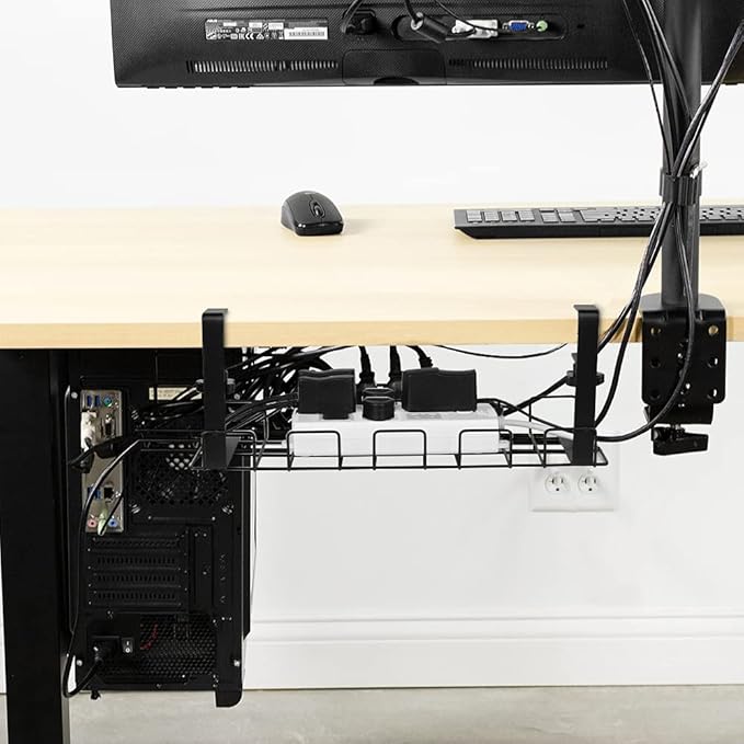 Baskiss Under Desk Cable Management Trays 2 Pack, 16" Clamp Mounted Cord Organizer Holder Wire Organization No Drill Holes Needed for Computer Home Office Standing Tables to Conceal Power Strips
