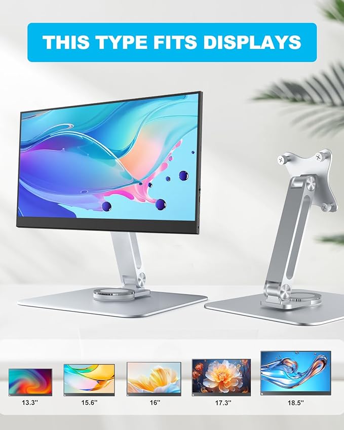 75x75mm VESA Monitor Mount Stand, M4 Anti-Loss Screws, Aluminum Alloy Base, Fits 7"-18" Small Portable Monitors, Silver Foldable Lay Flat Monitor Stand (Not Fit 100x100mm Vesa)