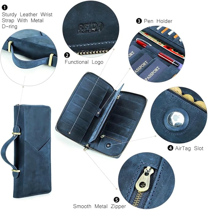 CONTACTS Family Passport Holder for 10 Full Grain Leather Passport Holder Compatible with Airtag for Family Travel Document Organizer Multiple Passport Wallet with Rfid Blocking (Blue)