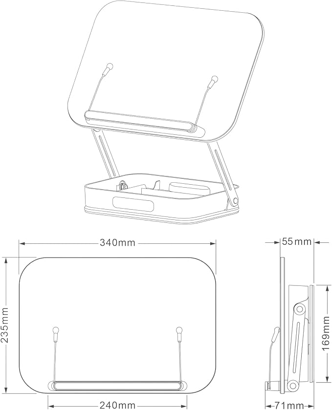 Bisofice Desktop Book Stand for Reading with Rotate Base Acylic Panel Page Clips Storage Compartments Foldable and Angle Adjustable for Laptop Holder Book Magazine Document Tablet (White)