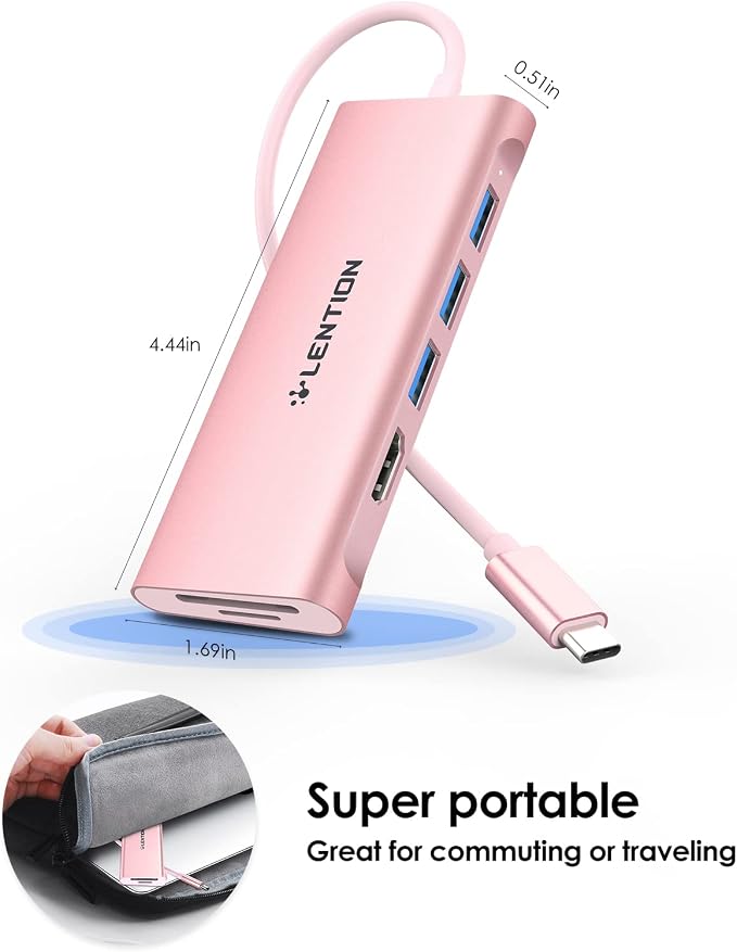 LENTION USB C Hub with 4K HDMI, 3 USB 3.0, SD/Micro SD 3.0 Card Reader, Compatible MacBook Pro/Air, Mac, Surface, Chromebook, iPhone17/16/15 Pro Max, More (Rose Gold)