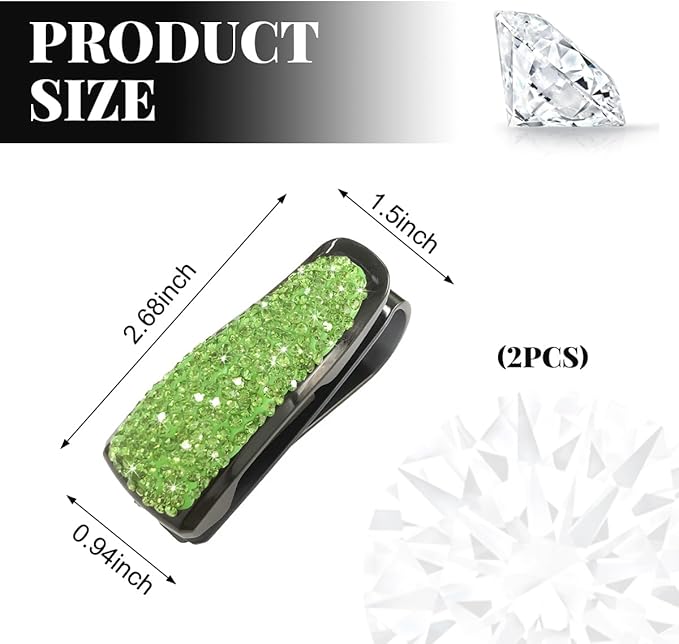 Wevdn 2 PCS Car Sun Visor Glasses Holder, Fashion Bling Car Eyeglasses Sunglasses Hanger for Women Girls, Glasses Holder Clip Hanger Mount with Ticket Card Clip, Car Accessories (Light Green)