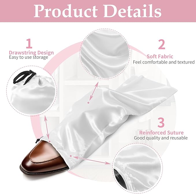 Ersmak 6 Pack Shoe Bags for Travel - Satin Shoe Bag with Drawstring - Ivory White Shoe Storage Bags for Protecting Storage Shoes - 17.7 x 7.9 In