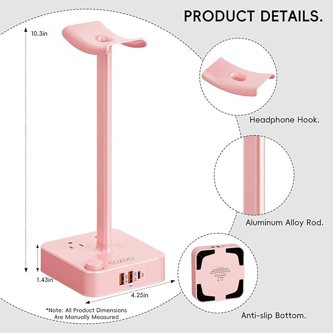 Pink Headphone Stand with USB Charger, Gaming Headset Holder with 3 USB Ports & 2 AC Outlets, PD Fast Charging & QC3.0, Desk Organizer for Girls, Gifts for Her,Girlfriend,Teen, Pink Gaming Accessories