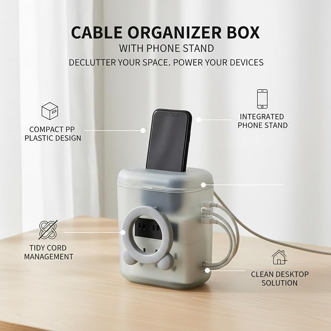 Desktop Cable Organizer Box, Compact Cord Management for Cables & Chargers, PP Plastic Case