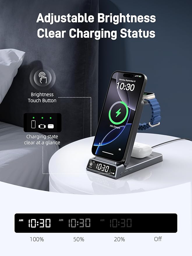 3 in 1 Charging Station for Apple, Magnetic Charger for iPhone, Foldable Wireless Charger with Clock, Travel Watch Charger Stand for iPhone 17/Air/16/15 Series, iWatch 10/AirPods 4 (Grey)