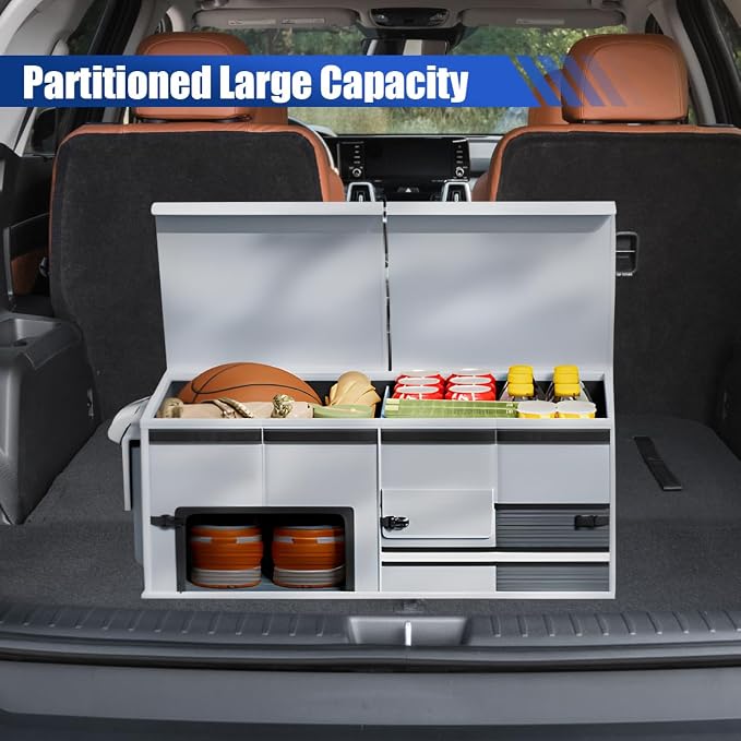 Car Trunk Organizer, Collapsible Multi Compartment Cargo Storage Box with Lid & Reinforced Handles, Adjustable Waterproof Vehicle Storage Organizer Accessories for Car SUV Truck (Gray)