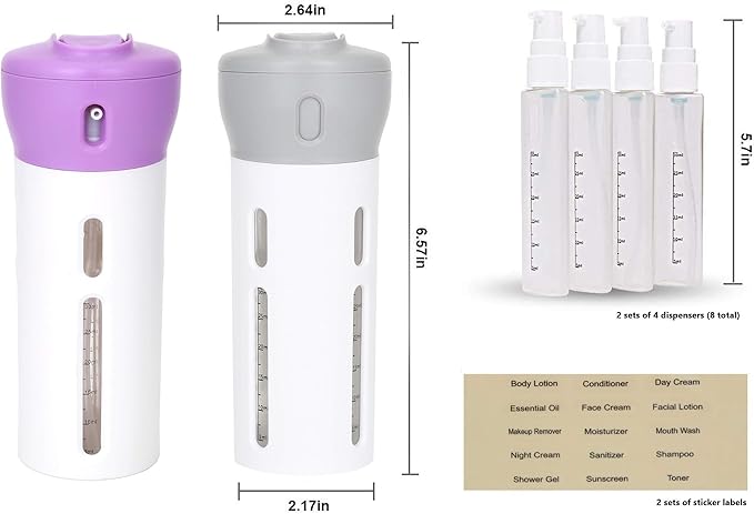 Travigo 4-in-1 Travel Dispenser Bottle Set, TSA Approved, Leak Proof, Reusable 1.4 oz. (40 mL) Toiletry Containers for Shampoo, Conditioner, Soap, Lotion, Skincare (2 Pack, Purple & Gray)
