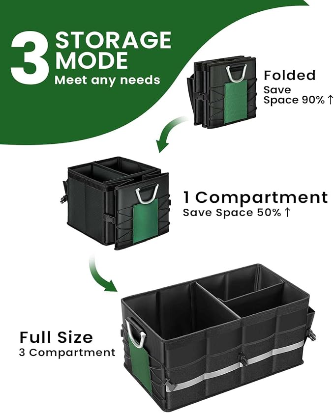 WINHUNT Trunk Organizer With Waterproof Bag, Collapsible Multi Compartment Storage for Car, SUV, Sedan, Truck - Non Slip Bottom, Aluminium Handle (Black, Large 66L)