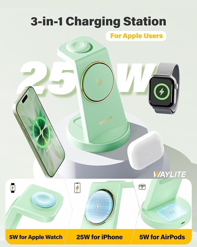 3 in 1 Fast Charging Station for iPhone, 25W Wireless Magnetic Phone Charger for iPhone 17 16e 16 15 14 13 12 Serise, Watch Charger Stand, Wireless Charging Station for AirPods 4 3 Pro, Green