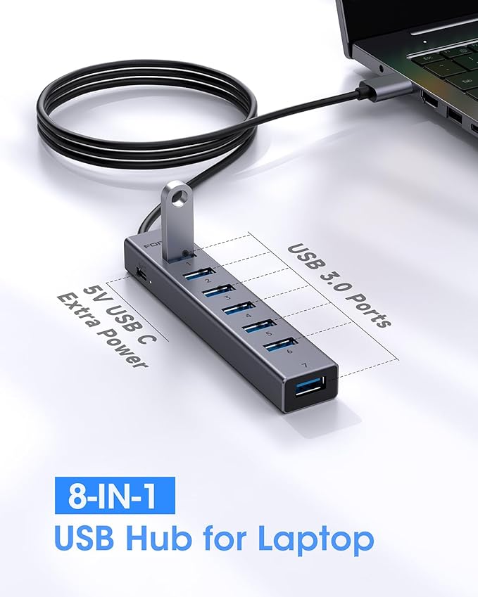 FORIDA USB Hub 8 Port, 7 USB 3.0 Data Ports + USB C 5V/3A Power Port, 47 Inch/120CM Long Cable USB Splitter, Portable USB Hub for Laptop, PC, MacBook, Flash Drive & More - Dark Gray