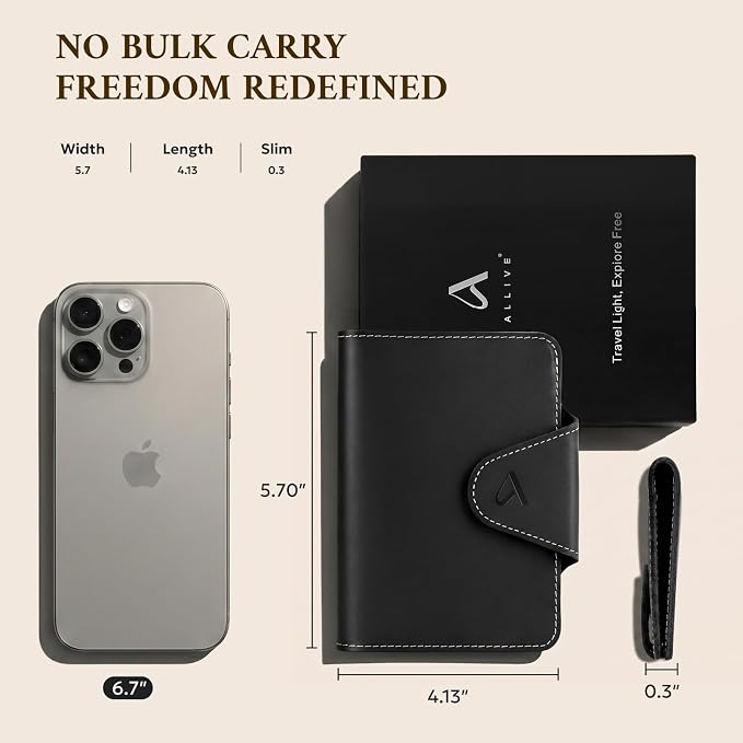 ALLIVE Genuine Leather Passport Holder for Travel Essentials, RFID Blocking Passport Wallet with Built-in AirTag Slot, Passport Cover Case for Travel Must Haves Accessories (Midnight Black)