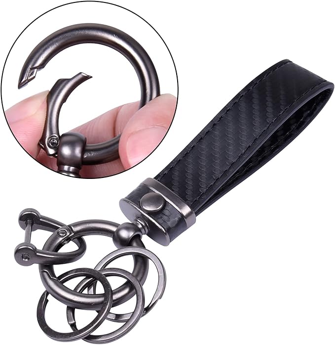 Wisdompro Carbon Fiber Style Car Keychain, Microfiber Leather Key Chain, Universal Key FOB Keychain Holder for Men and Women, with Anti-lost D-ring, 3 Keyrings - Black (with round connector)
