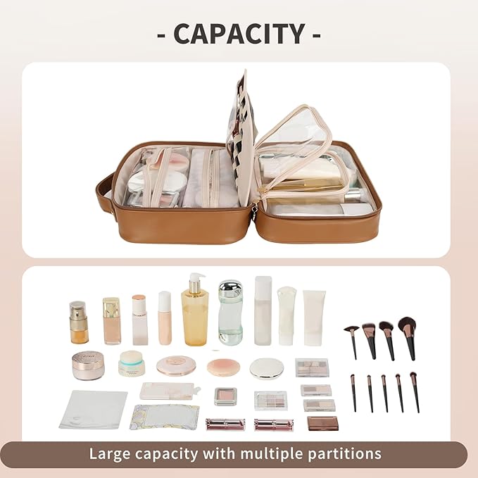 RIGHT AWAY Travel Toiletry Bag for Women, Makeup Bag& Cases, Waterproof Makeup Organizer Cosmetic Bag with Compartments,Portable Make Up Bag for Travel Size Toiletries,Skincare,Brushes Set,Brown