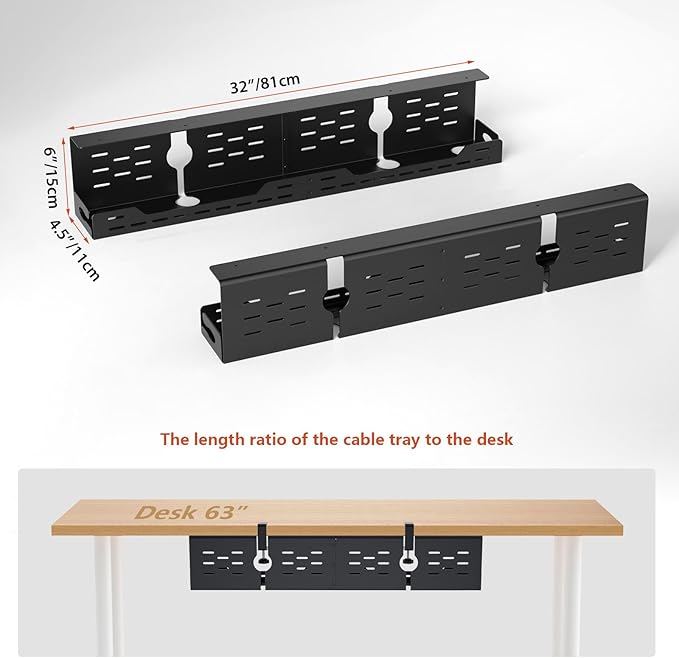 Univivi Under Desk Cable Management Tray - 32" Steel Cord Organizer, No-Drill C-Clamp & Screw Mount for Office/Home, Effortless Wire Management (Black)