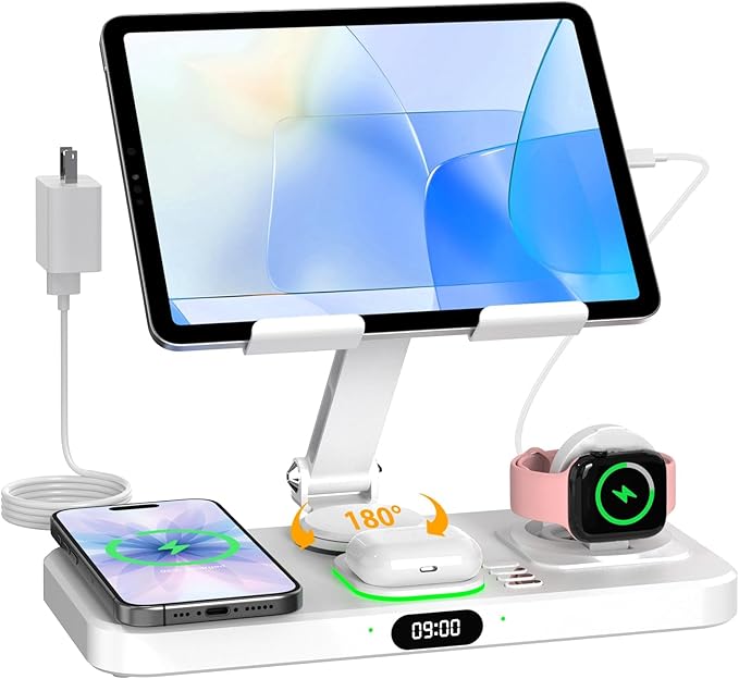 30W Charging Station for Apple Products, Foldable Wireless Charger with Clock Display&7 Color Light, Wired Charging for iPad/Tablet Charging Station for iPhone16, for Apple Watch10 for AirPods4(Cream