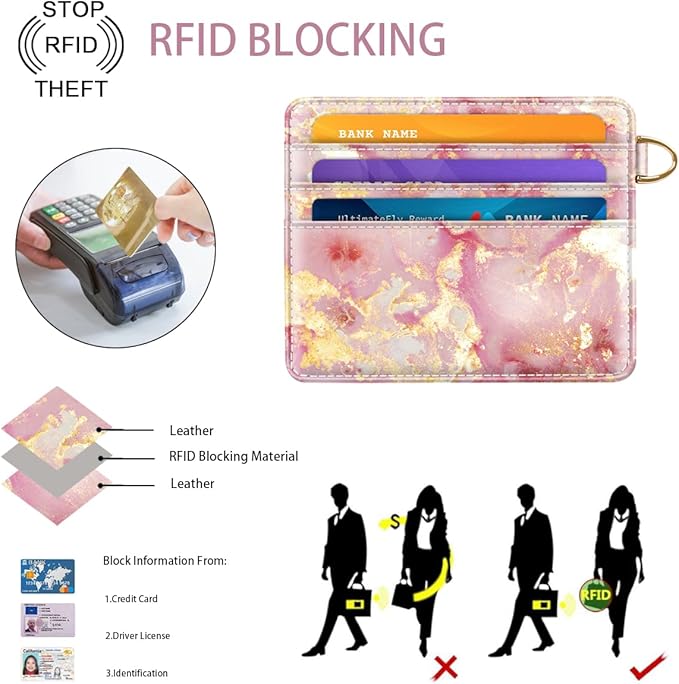 Slim Minimalist Front Pocket RFID Blocking Credit Card Holder Small Wallet Cute Card Cases for Women,Gold Pink