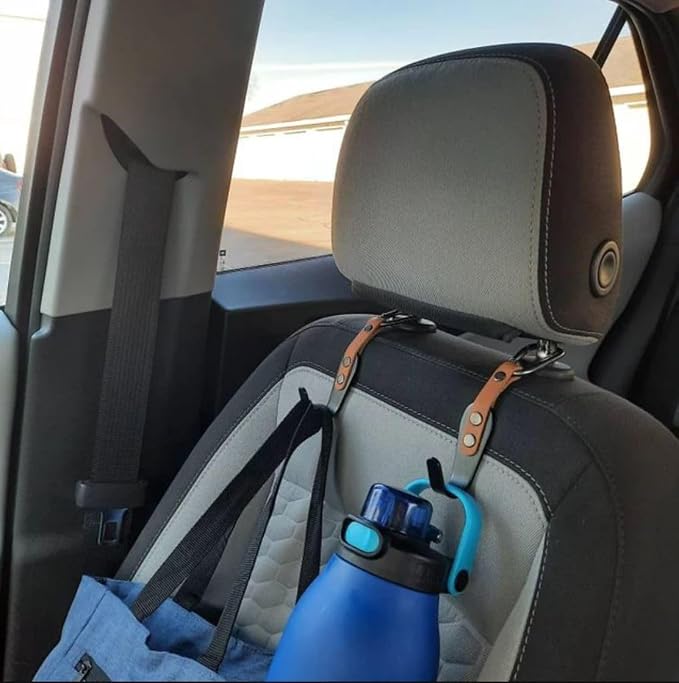 Car Headrest Hanger Hooks 2 Pack Premium Leather Stainless Steel Car Seat Head Rest Storage Organizer Universal for Handbag Purse Vehicle Car Peanut Brown