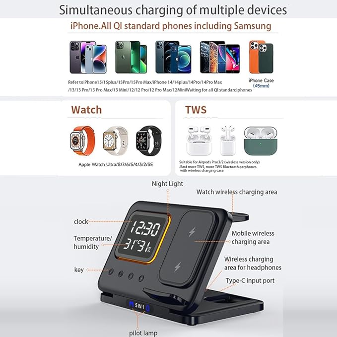 IHAO 5in1 Multi Functional Wireless Charging Station Digital Clock 15W Fast Charging Temperature Display Wireless Charger for All Qi Phone and TWS Headphone Compliant with Apple Watch-DH15 White